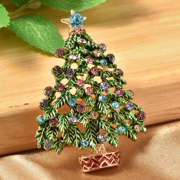 Christmas Simulated Multi Colour Diamond Tree Enamelled Brooch Cum Pendant in Yellow Gold Tone
