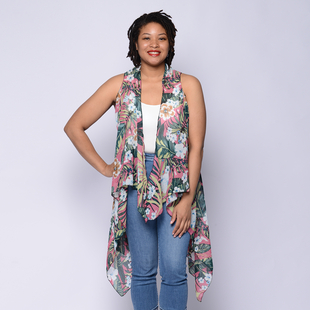 Leaf & Floral Print Sleeveless Kimono in Pink and Green (Size 43x90cm)