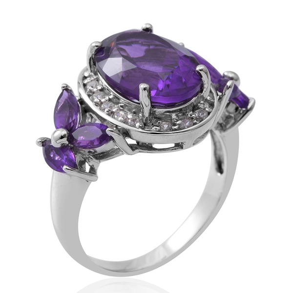 Lusaka Amethyst (Ovl 5.43 Ct), Natural White Cambodian Zircon Ring in Rhodium Plated Sterling Silver 7.330 Ct. Silver wt 5.82 Gms.