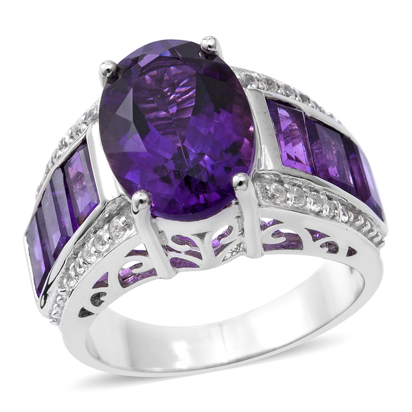 Extremely Rare Size 8.72 Ct Lusaka Amethyst and Zircon Classic Ring in Rhodium Plated Silver