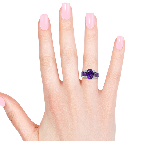 Extremely Rare Size - Lusaka Amethyst (Ovl 14x10 mm 5.16 Ct), Natural White Cambodian Zircon Ring in Rhodium Plated Sterling Silver 8.720 Ct. Silver wt 8.50 Gms.