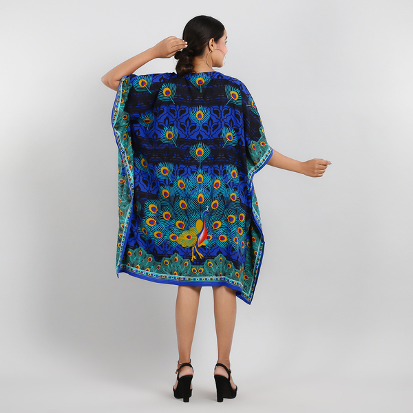 Tropic Peacock Printed Short Kaftan (Size 95x80 Cm) - Blue & Multi