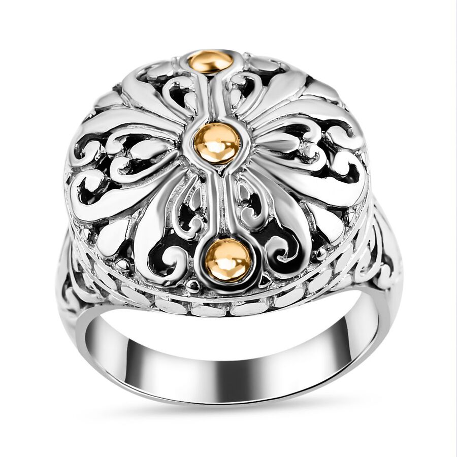Royal Bali Iconic Collection - 18K Yellow Gold and Sterling Silver Filigree Ring, Silver Wt 8.80 GM