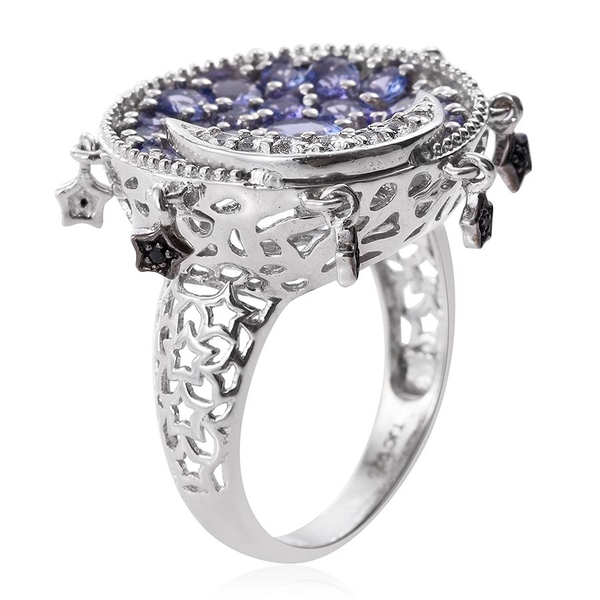 GP Tanzanite (Ovl 0.50 Ct), White Topaz, Boi Ploi Black Spinel and Kanchanaburi Blue Sapphire Moon and Star Ring in Platinum Overlay Sterling Silver 3.750 Ct.