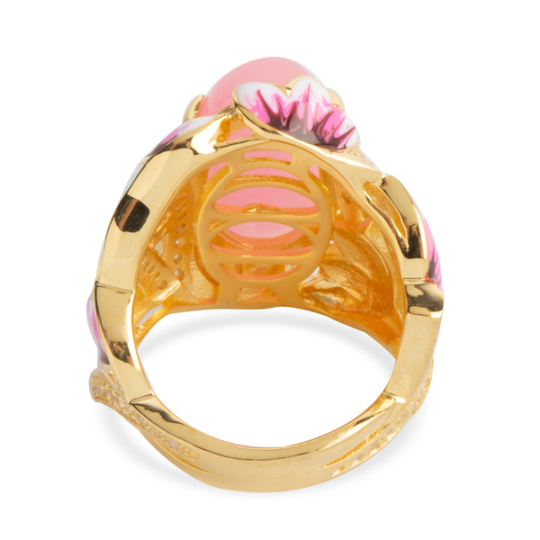 Pink Jade (Ovl 20x10 mm), Natural Cambodian White Zircon Ring in Yellow Gold Overlay with Enameling Sterling Silver 11.710 Ct, Silver wt 8.46 Gms.