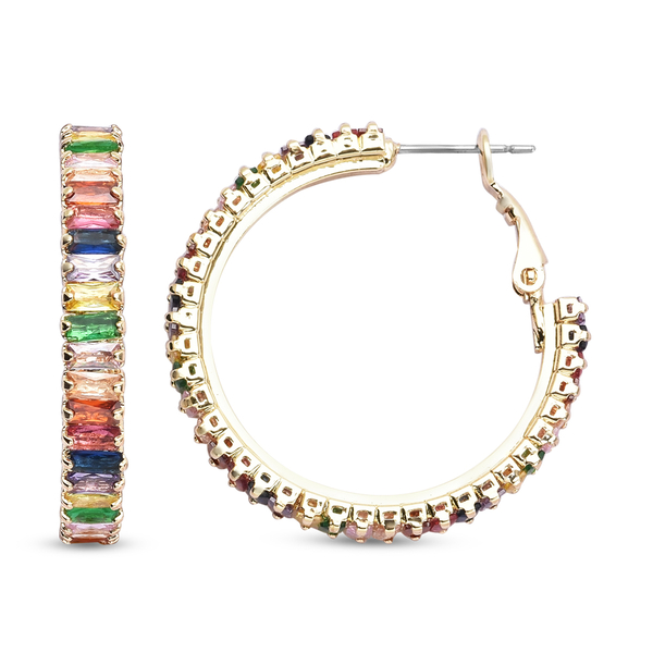 2 Piece Set - Simulated Rainbow Sapphire Bracelet (Size 7.5) and Hoop Earrings in Silver Tone