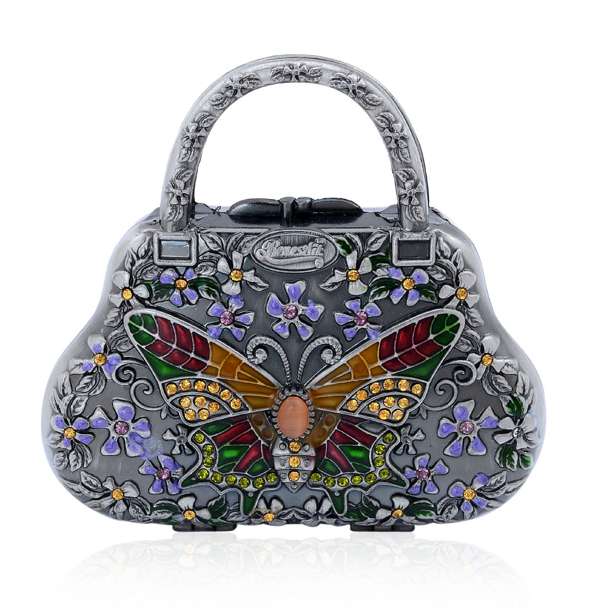 Multi Colour Enameled Flower and Butterfly Pattern Handbag Shape Compact Mirror in Silver Tone with 