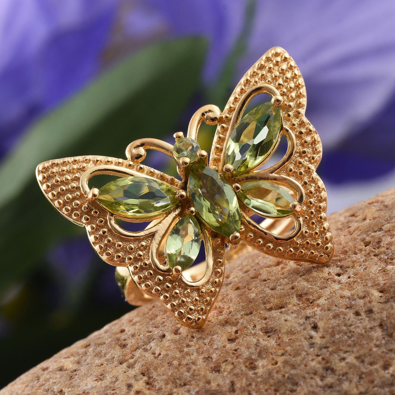 Hebei Peridot (Mrq) Butterfly Ring in 14K Gold Overlay Sterling Silver 2.250 Ct. Silver wt 5.25 Gms.