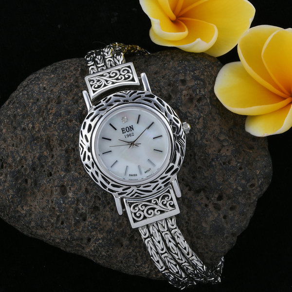 Bali Collection - EON 1962 Swiss Movement Diamond Studded MOP Dial 3ATM Water Resistant Bracelet Watch (Size 7.5) in Sterling Silver, Metal wt 36.00 Gms.