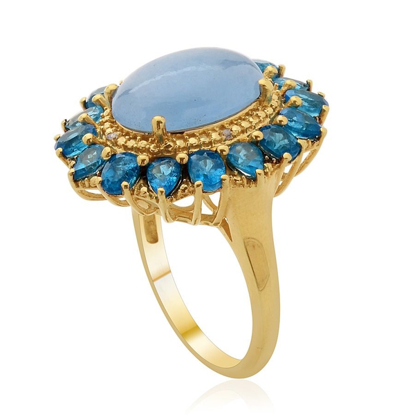 Blue Jade (Ovl 4.50 Ct), Malgache Neon Apatite and Diamond Ring in 14K Gold Overlay Sterling Silver 7.510 Ct.