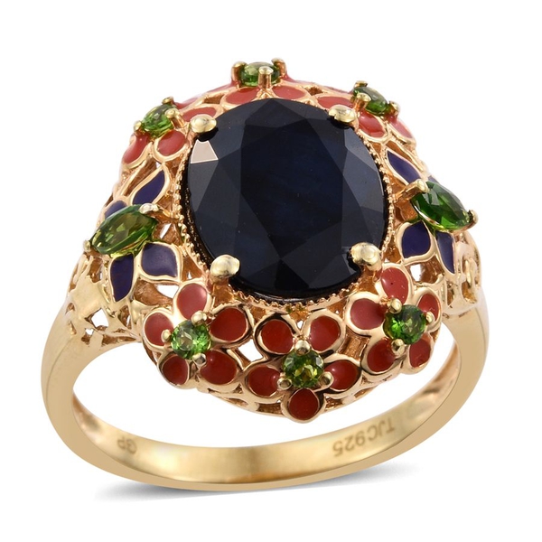 GP Kanchanaburi Blue Sapphire (Ovl 6.00 Ct), Chrome Diopside Floral Ring in 14K Gold Overlay Sterlin