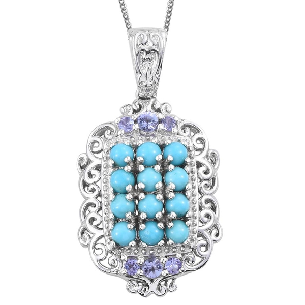 Arizona Sleeping Beauty Turquoise (Rnd), Tanzanite Pendant With Chain in Platinum Overlay Sterling S