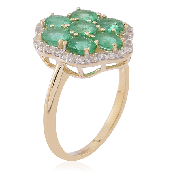9K Y Gold AA Kagem Zambian Emerald (Ovl), Natural Cambodian White Zircon Ring 2.750 Ct.