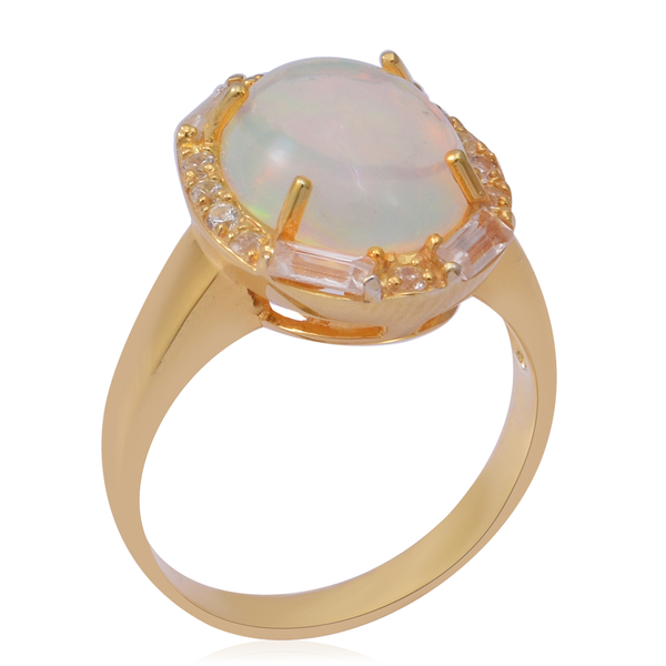 Ethiopian Welo Opal (Oval) and Natural Cambodian Zircon Ring in Yellow Gold Overlay Sterling Silver 3.85 Ct.