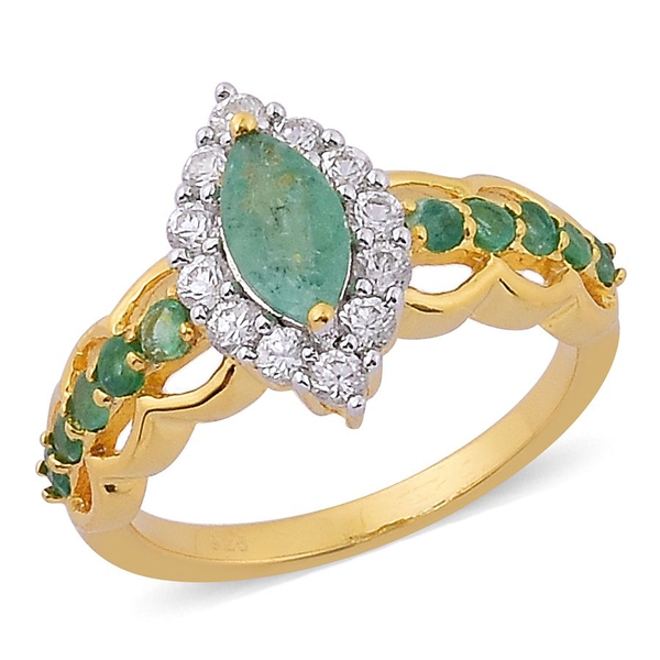 Brazilian Emerald (Mrq 0.50 Ct), White Zircon Ring in Yellow Gold Overlay Sterling Silver 1.500 Ct.