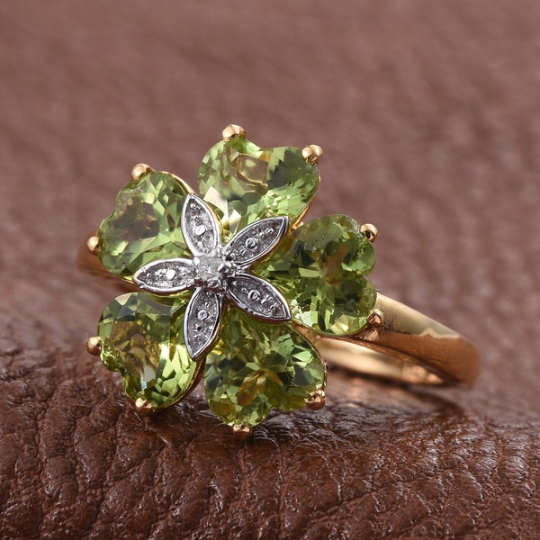 AA Hebei Peridot (Hrt), Diamond Floral Ring in 14K Gold Overlay Sterling Silver 4.260 Ct.