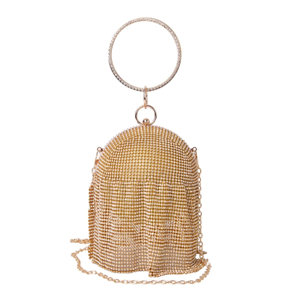 Premier Collection- White Austrian Crystals Embellished Golden Colour Clutch Bag with Circular Handle