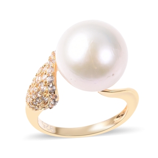 Edison Pearl and White Zircon Solitaire Ring in Gold Plated Sterling Silver