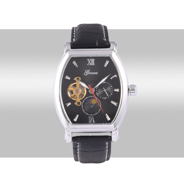 GENOA Automatic Skeleton Black Dial Water Resistant Watch in ION Plated Silver with Stainless Steel Back and Black Strap
