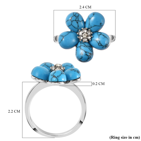 Blue Howlite and White Austrian Crystal Floral Ring in Stainless Steel