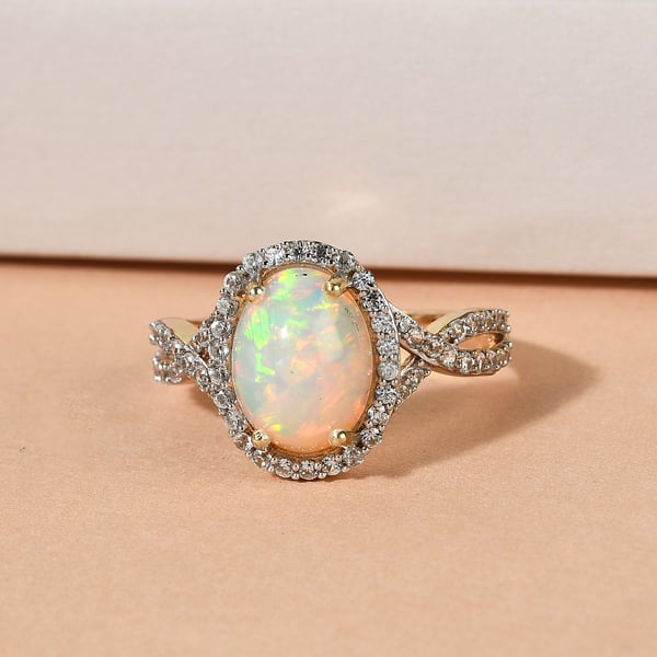 Ethiopian Welo Opal and Natural Cambodian Zircon Ring in Yellow Gold Overlay Sterling Silver 2.92 Ct.