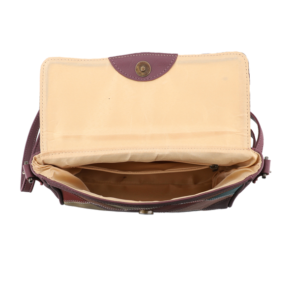 100% Genuine Leather Crossbody Bag with Flap (Size 23x5x18cm) - Purple and Multi Colour