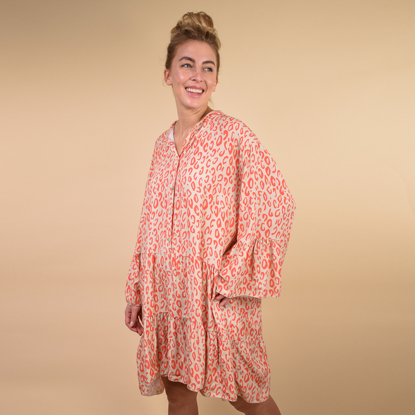TAMSY 100% Viscose Digital Leopard Print Button Detail Smock Tunic One Size, (Fits 8-20) - Coral