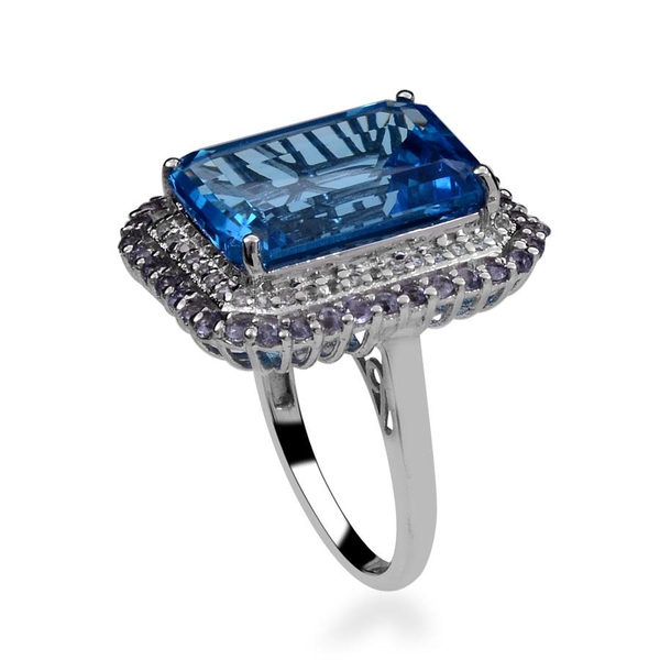 Electric Swiss Blue Topaz (Oct 17.75 Ct), Iolite and White Topaz Ring in Platinum Overlay Sterling Silver 19.000 Ct.