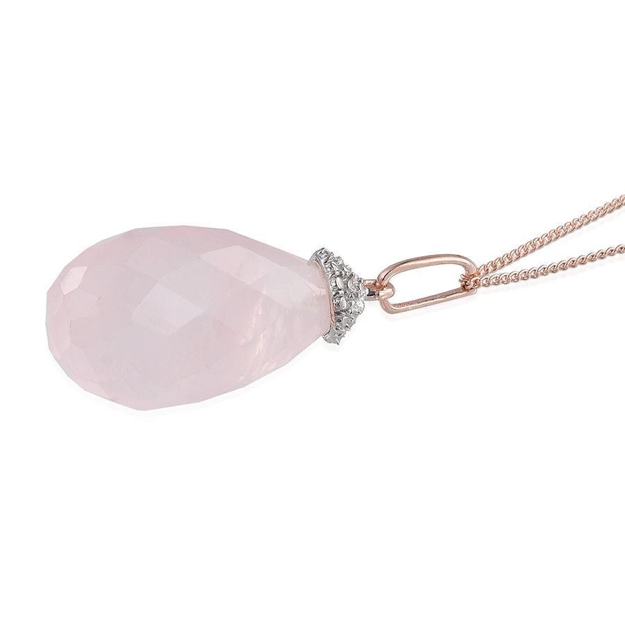 Briolette Cut Rose Quartz and Diamond Pendant With Chain in Platinum and Rose Gold Overlay Sterling Silver 16.010 Ct.