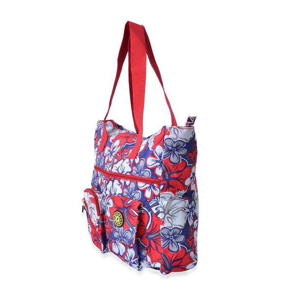 Red, White, Blue and Multi Colour Floral Pattern Tote Bag With External Zipper Pocket (Size 39x39x7 Cm)