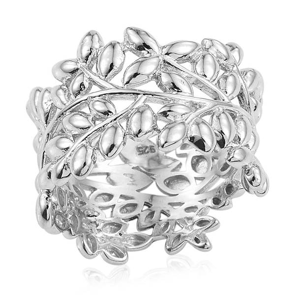 Designer Inspired Platinum Overlay Sterling Silver Olive Leaves Ring, Silver wt 5.38 Gms.