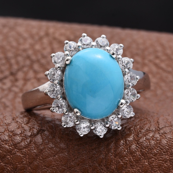 Arizona Sleeping Beauty Turquoise (Ovl 2.75 Ct), Natural Cambodian Zircon Ring in Platinum Overlay Sterling Silver 4.000 Ct.