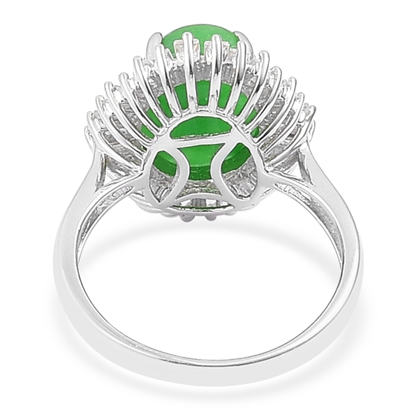 Designer Inspired-Green Jade (Ovl 6.75 Ct), White Topaz BALLERINA Ring in Rhodium Plated Sterling Silver 7.830 Ct. Silver wt. 3.32 Gms.