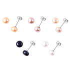 Set of 5 -  Fresh Water Peacock, Purple, Peach, White and Golden Pearl Stud Earrings in Rhodium Over