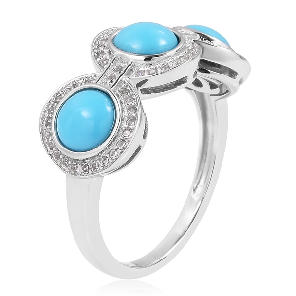 Arizona Sleeping Beauty Turquoise (Rnd), Natural White Cambodian Zircon Ring in Rhodium Overlay Sterling Silver 2.750 Ct.