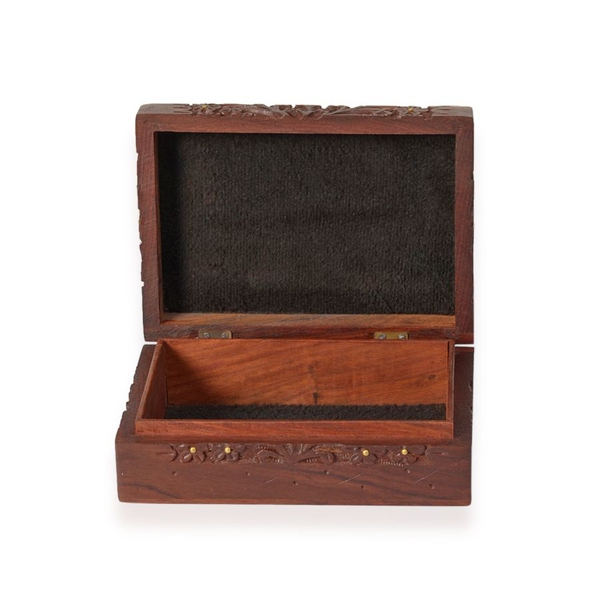 Brass Inlay Indian Rosewood Floral Carved Square Shape Jewellery Box with Black Velvet Inside (Size 17x12x5 Cm)