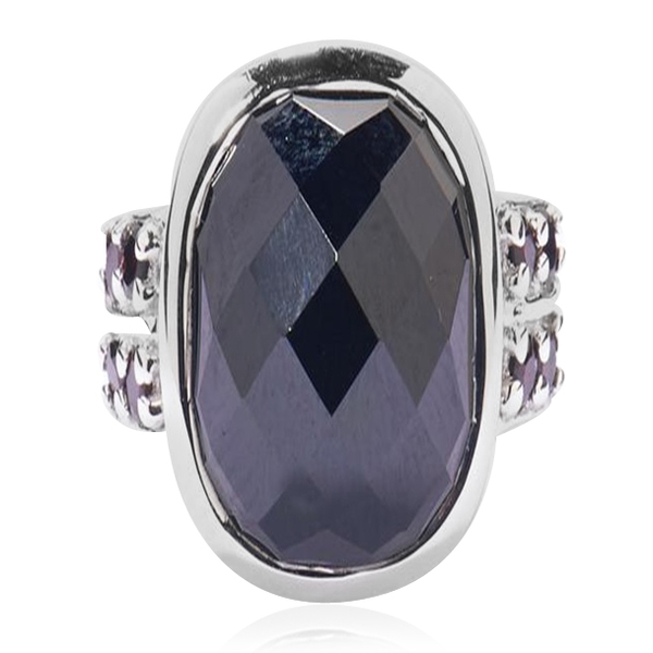 Boi Ploi Black Spinel (Cush 15.00 Ct) Ring in Rhodium Plated Sterling Silver 15.500 Ct.