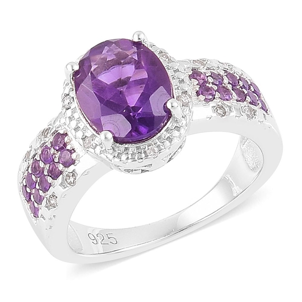 Amethyst (Ovl 2.50 Ct), Natural White Cambodian Zircon Ring in Platinum Overlay Sterling Silver 2.87