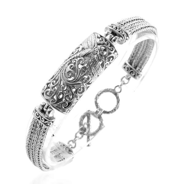 Royal Bali Collection - Sterling Silver Dragonfly and Filigree Tulang Naga Bracelet (Size 8.0) with T Bar Lock, Silver wt 23.78 Gms.
