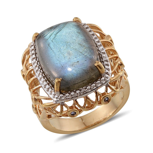 Labradorite (Cush 13.25 Ct), Iolite and Diamond Ring in 14K Gold Overlay Sterling Silver 13.510 Ct.