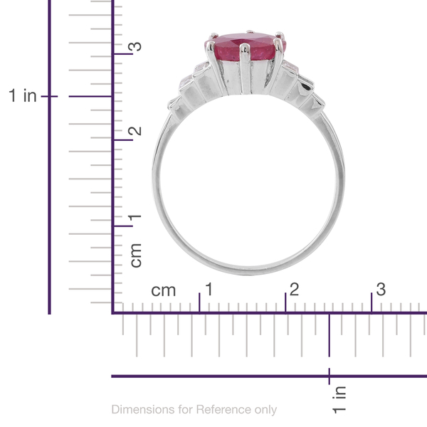 Designer Inspired- African Ruby (Rnd 4.15 Ct), Natural White Cambodian Zircon Ring in Rhodium Plated Sterling Silver 5.500 Ct