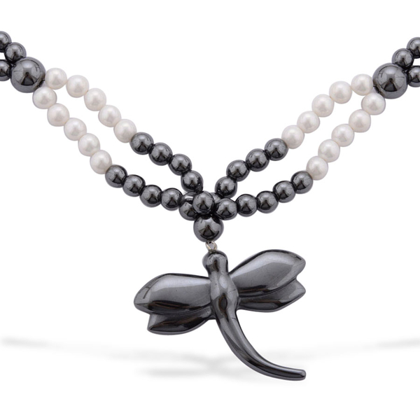 Creature Couture- Dragonfly Necklace (Size 32) with White Shell Pearl and Hematite 750.000 Ct.