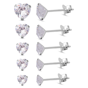 Set of 5 - ELANZA Simulated Diamond Heart Stud Earrings (with Push Back) in Sterling Silver
