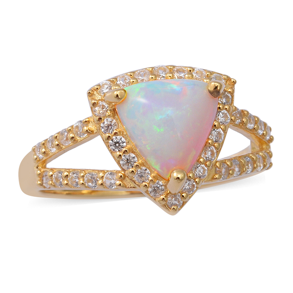 Ethiopian Welo Opal and Natural Cambodian Zircon Ring in Yellow Gold Overlay Sterling Silver 2.15 Ct