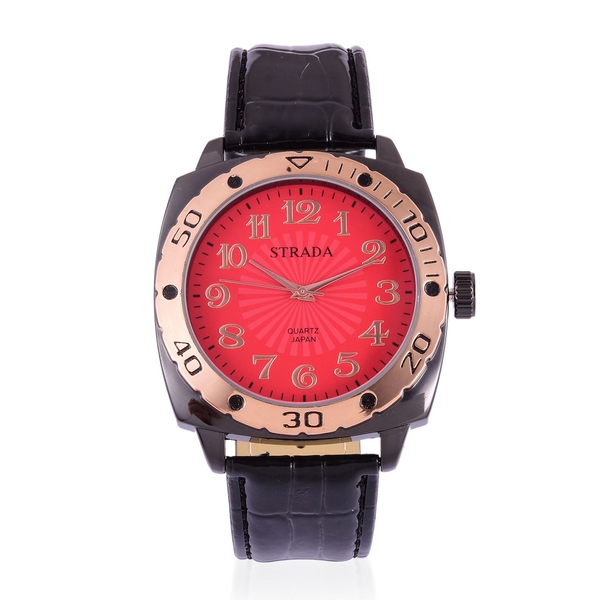 STRADA Japanese Movement Red and Rose Gold Colour Dial Water Resistant Watch in Black Tone with Stai