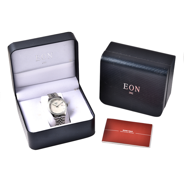 EON 1962 Swiss Movement 5ATM Water Resistant Watch with White Moissanite Embellishments, Mother of Pearl Dial and Stainless Steel Strap