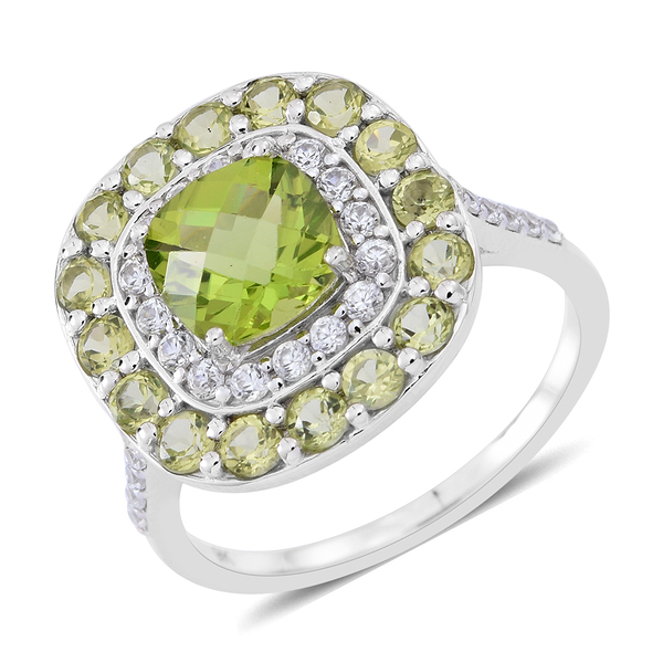 5 Carat AAAA Hebei Peridot and Zircon Halo Ring in 9K White Gold 4.20 Grams