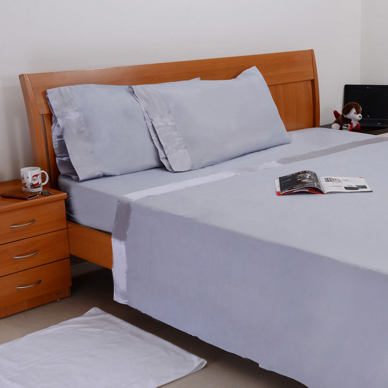 Grey Colour One Fitted Single Bed Sheet (Size 75x36 Inch), One Flat Sheet (Size 102x70 Inch) and Two Pillow Cases (Size 30x20 Inch) with Satin Hem (4 inch)