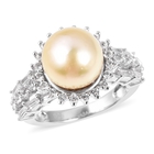 Golden South Sea Pearl (Rnd 10 - 11 mm), White Topaz Ring (Size O) in Rhodium Overlay Sterling Silver