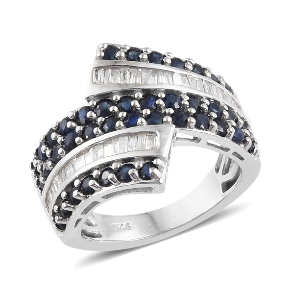 2.25 Ct Kanchanaburi Blue Sapphire and Diamond Cross Over Ring in Platinum Plated Silver 6.13 Grams